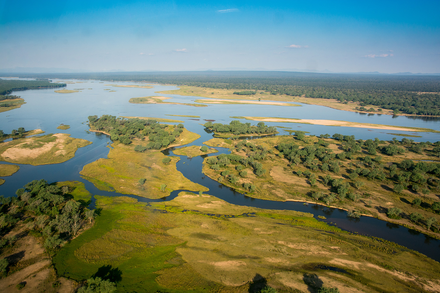Aerial view of the Zambezi river network in Zambia