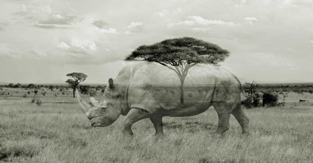 Save the Rhino image of a Rhino grazing but the rhino is transparent, like a ghost.