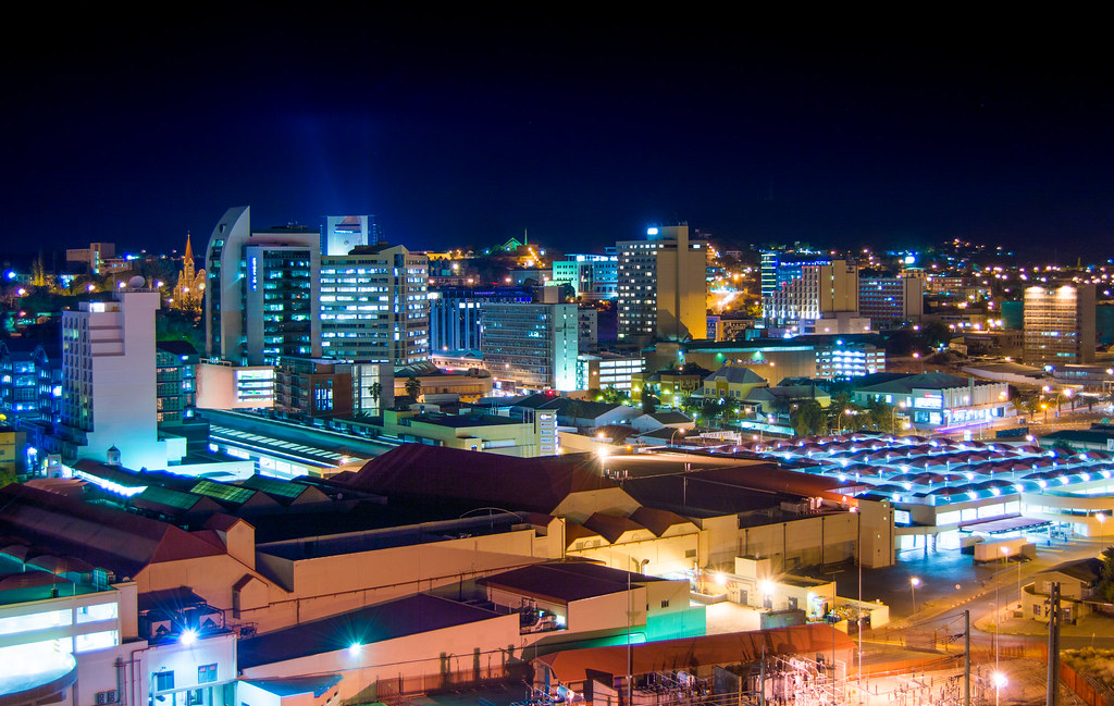Windhoek at night, Namibia: A vibrant cityscape illuminated under the stars.