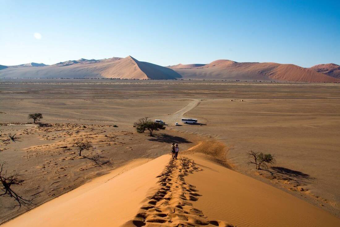 Sossusvlei, Namibia – Travelers Climbing the Golden Sand Dunes