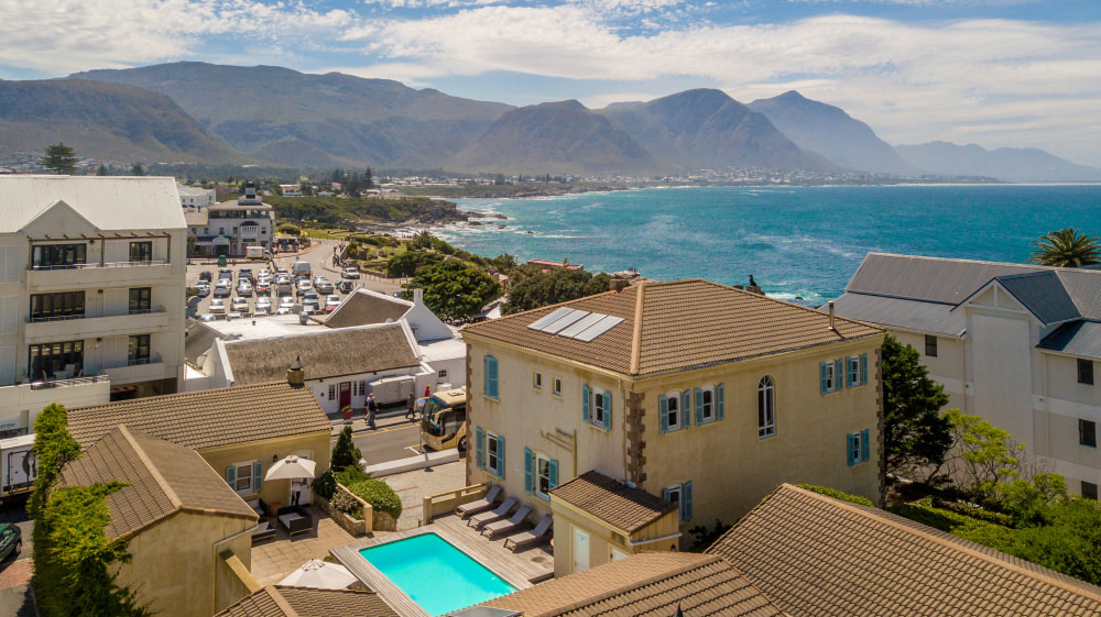 Mountains and ocean in an aerial view of Hermanus.