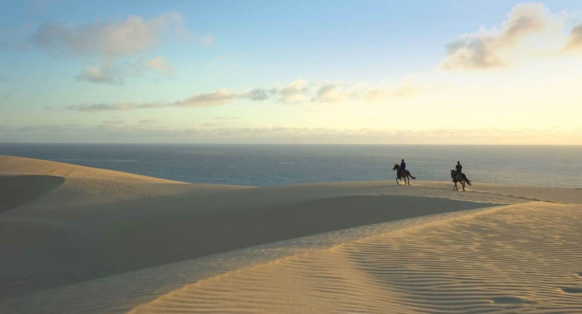 Bazaruto Sand dunes with horse riders overlooking to ocean.