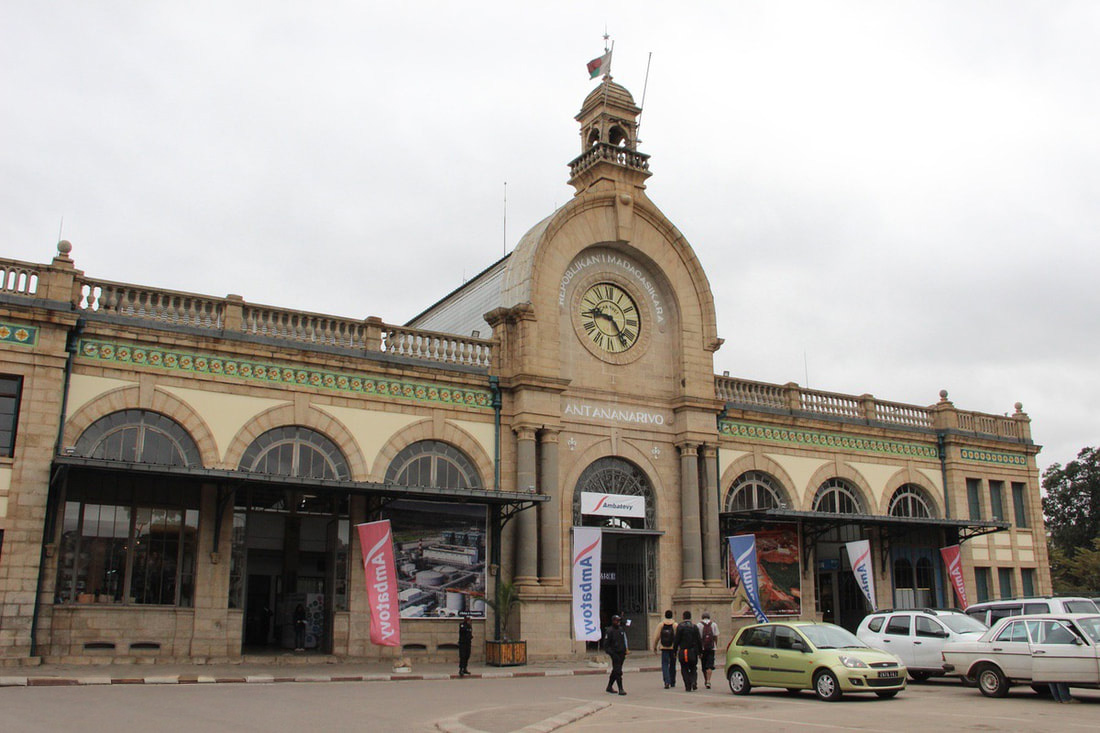 The Entrance with a big clock and bell tower of the Antananarivo Rail station, Madagascar