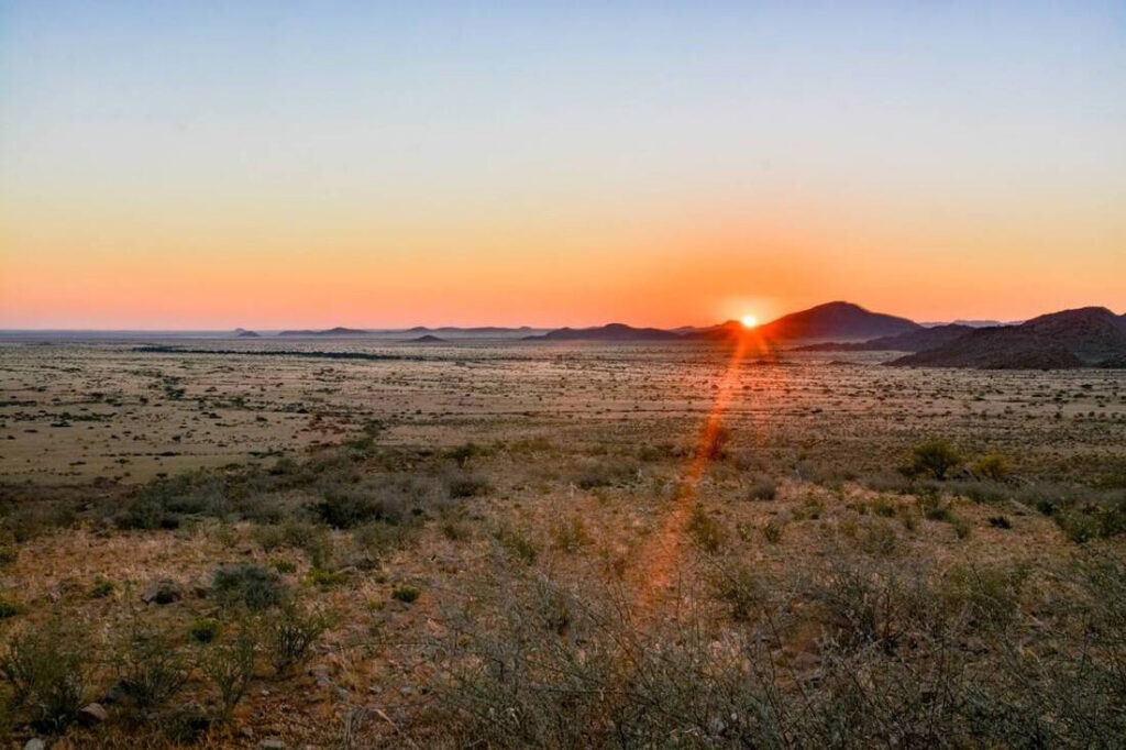 Sunset over the mountains in the distance in the Deep South, Namibia