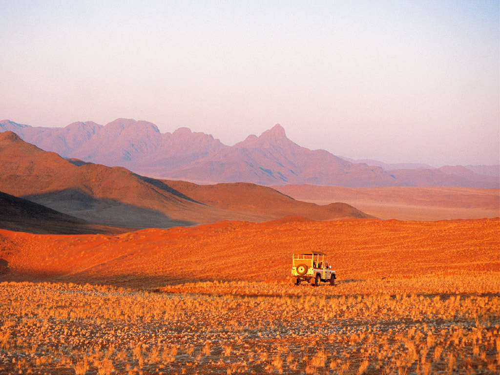 Safari vehicle travelling the red fossilised dunes, mountains in the background.