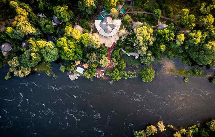 Aerial view of Livingstone Accommodation along the Zambezi River